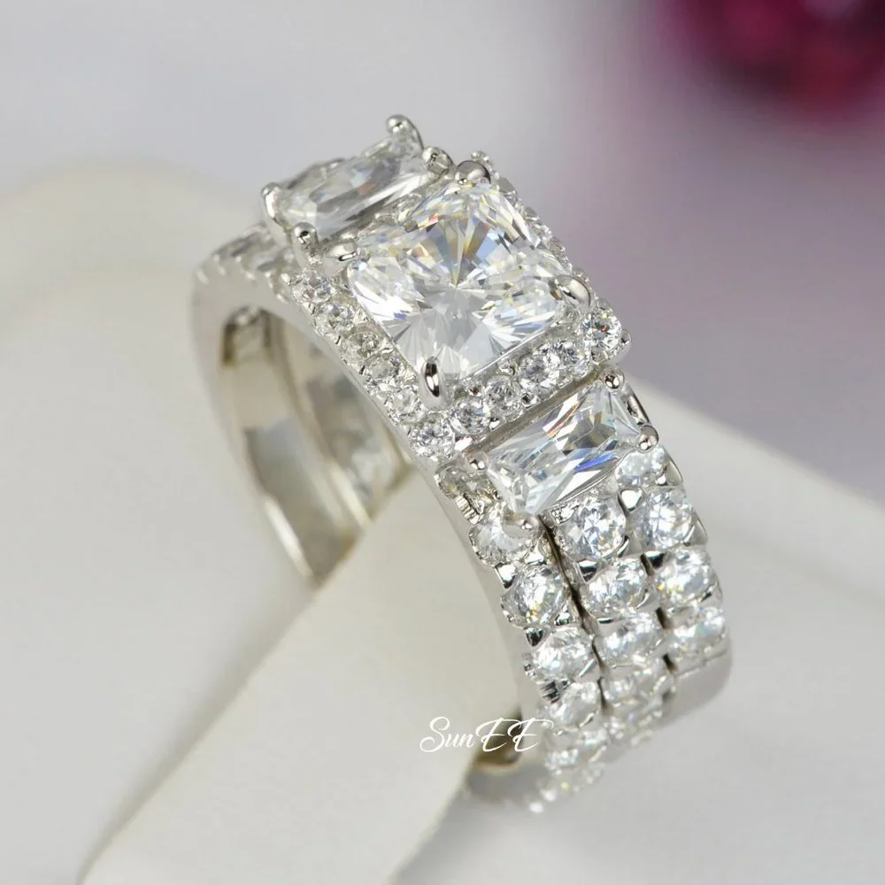 NEW 925 STERLING SILVER HALO PRINCESS DIAMOND CUT WEDDING RINGS ENGAGEMENT RINGS - Picture 1 of 5